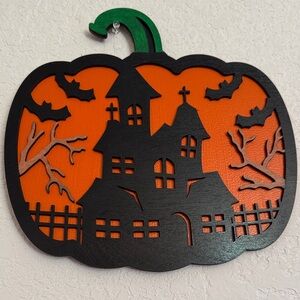 Handcrafted Wooden Sign of Halloween Haunted House Pumpkin Wall Decor